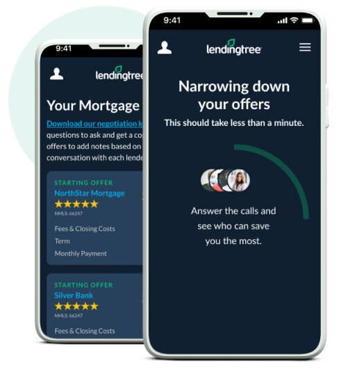 Two phones with LendingTree app showing mortgage comparison and instructions.