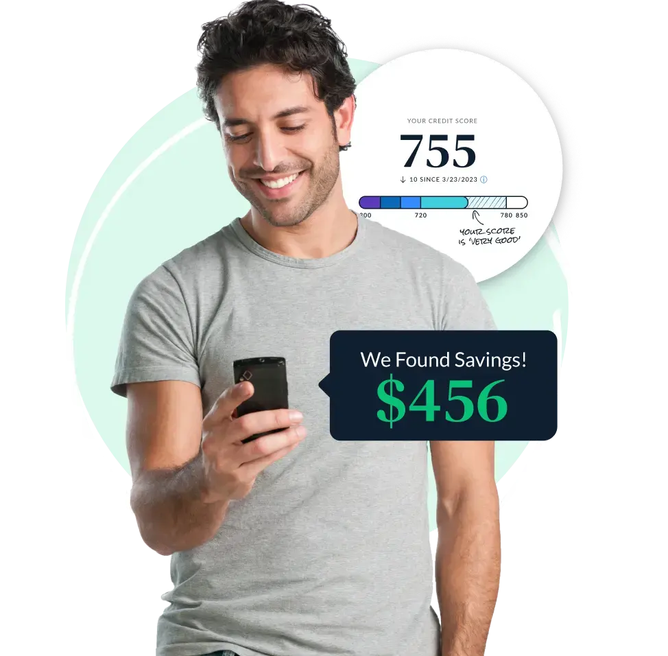 A man uses the LendingTree Spring app sees his credit score as well as a savings notification.